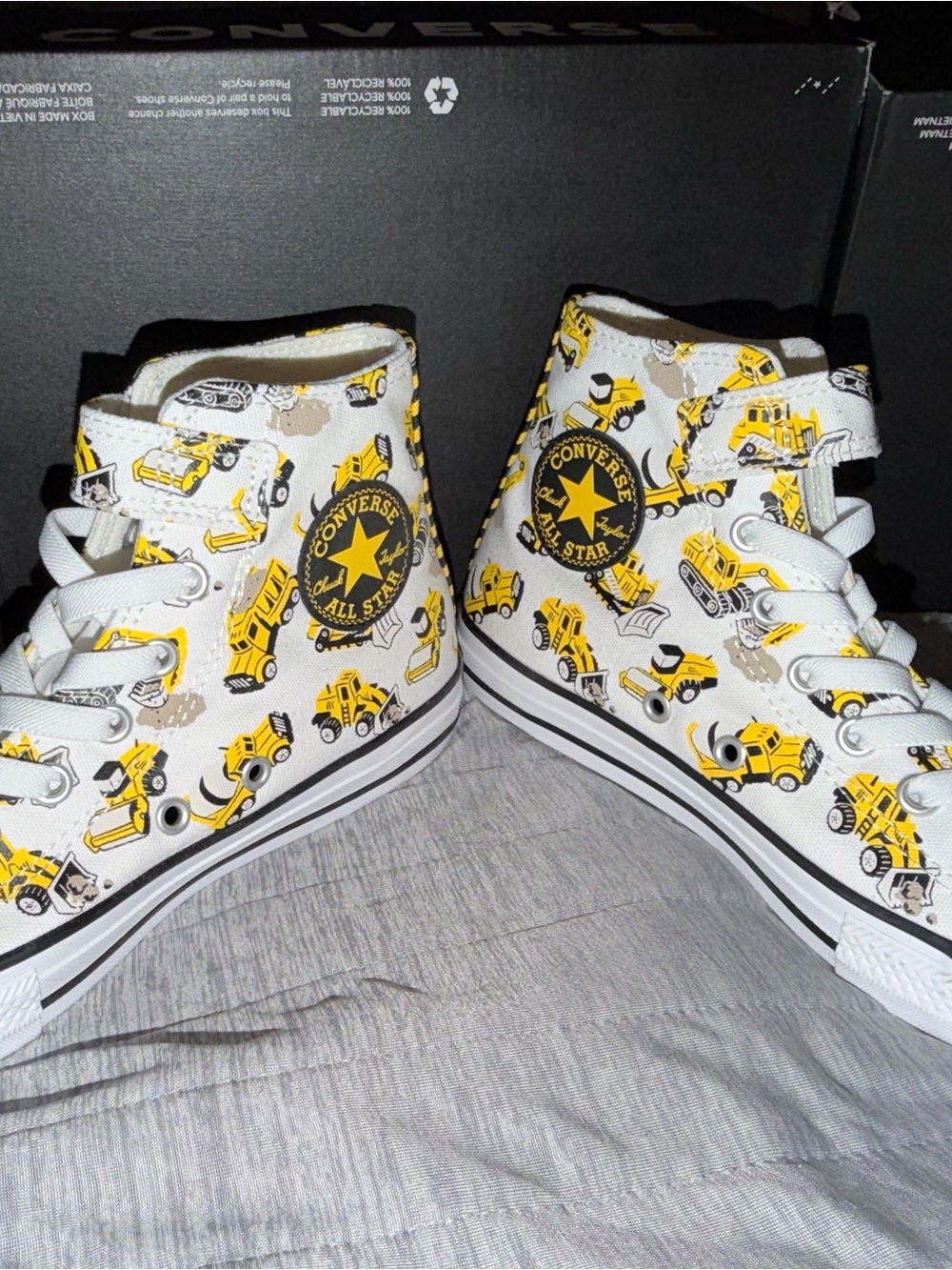 Converse Kids White High Top Sneakers with Yellow Construction Print